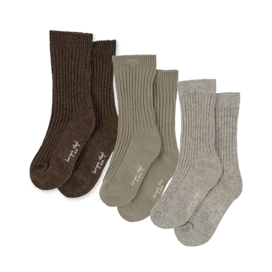 Hot Konges Slojd 3-Pak Ribstrikkede Sokker - Soft Grey/Ment/Brown